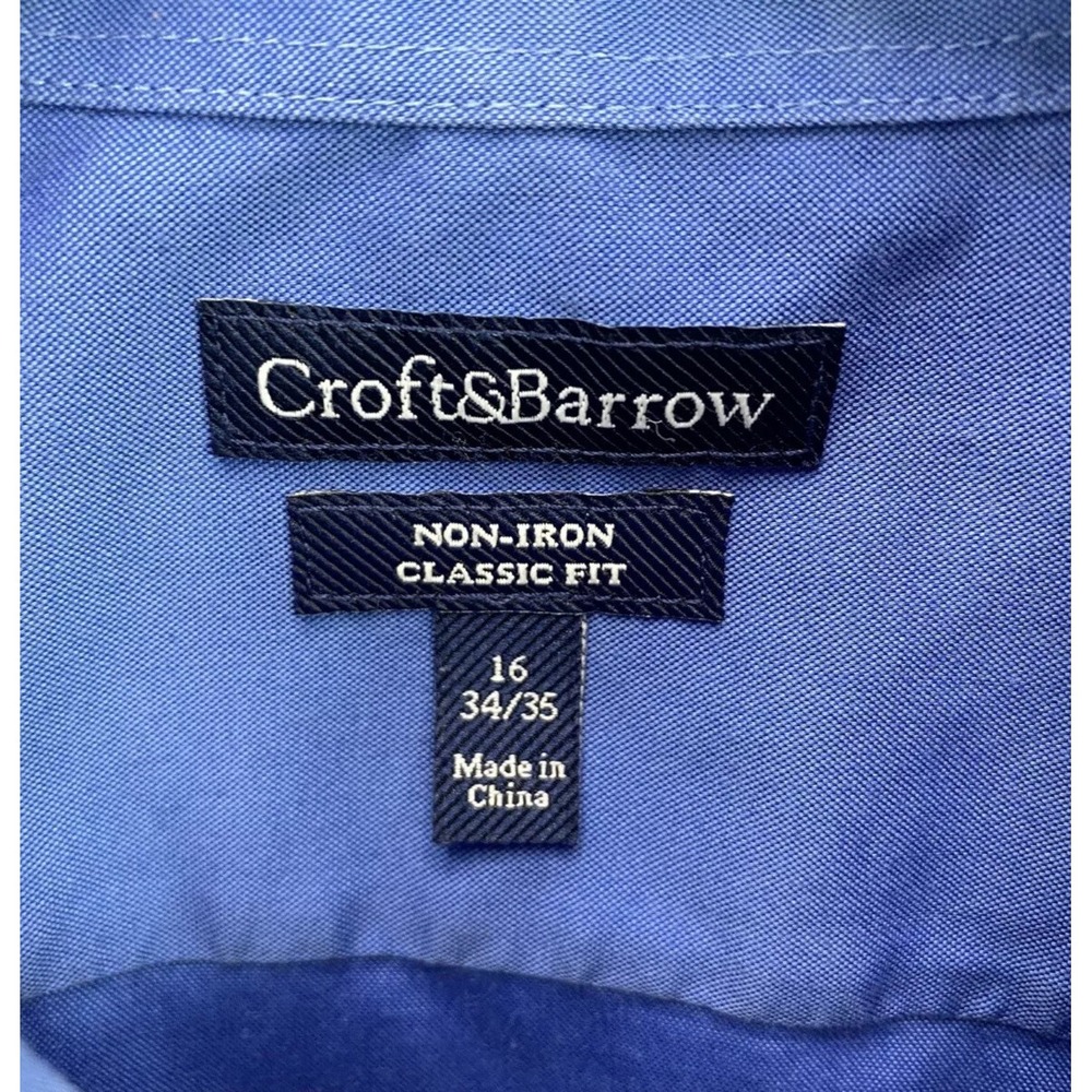 Croft & Barrow Men's Button Up LS Collared Classic‎ Fit Shirt Size 16 Solid Blue - Picture 3 of 4